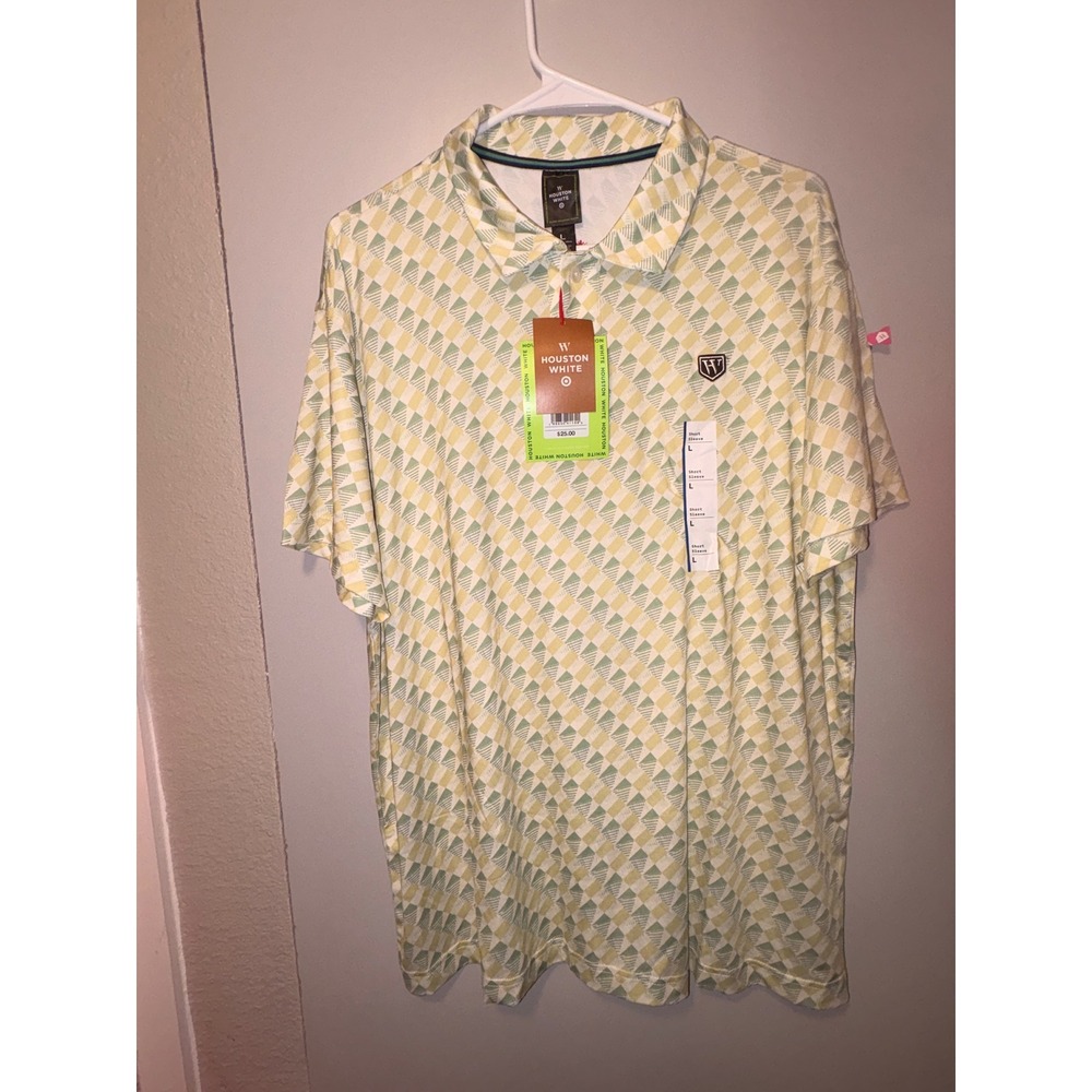 Houston White Mens Geometric Print Golf Polo Shirt Green Yellow Large NWT